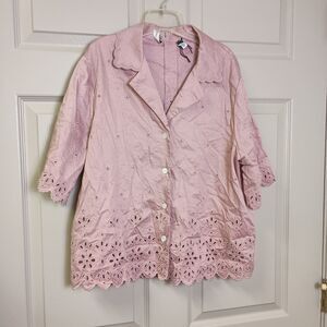 Coach Womens Blouse Size 4 Pink Button Front 3/4 Sleeve Collar Cutouts on Hem